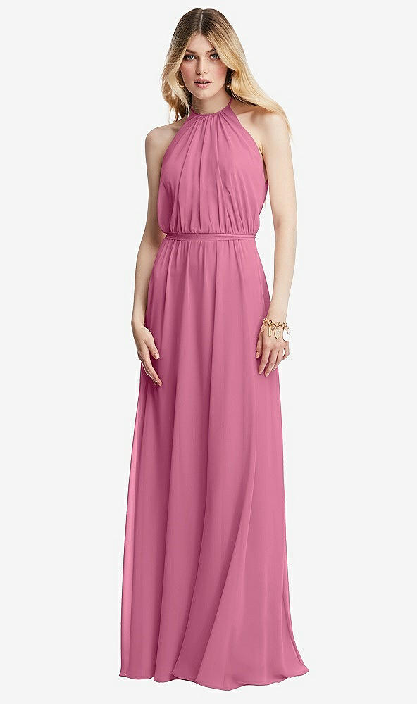 Front View - Orchid Pink Illusion Back Halter Maxi Dress with Covered Button Detail