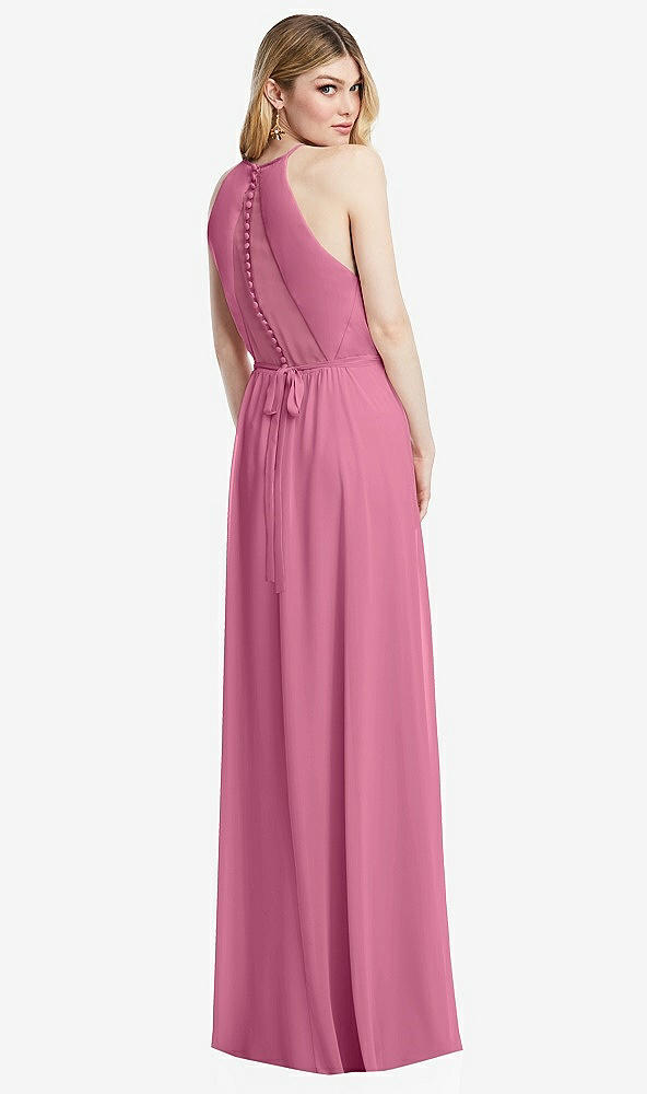 Back View - Orchid Pink Illusion Back Halter Maxi Dress with Covered Button Detail