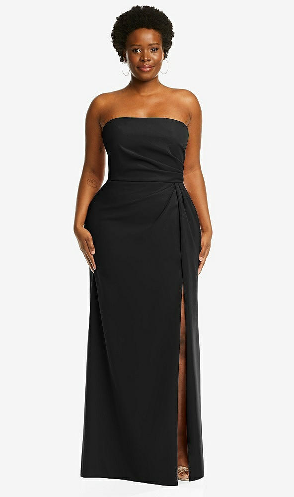 Front View - Black Strapless Pleated Faux Wrap Trumpet Gown with Front Slit