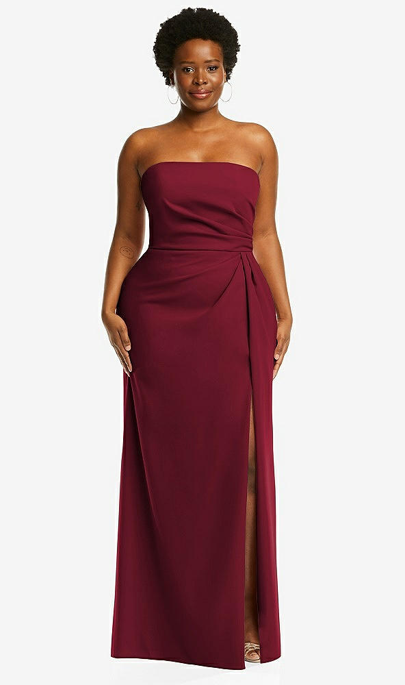 Front View - Burgundy Strapless Pleated Faux Wrap Trumpet Gown with Front Slit