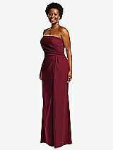 Side View Thumbnail - Burgundy Strapless Pleated Faux Wrap Trumpet Gown with Front Slit