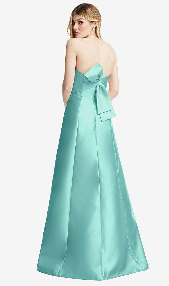 Front View - Coastal Strapless A-line Satin Gown with Modern Bow Detail