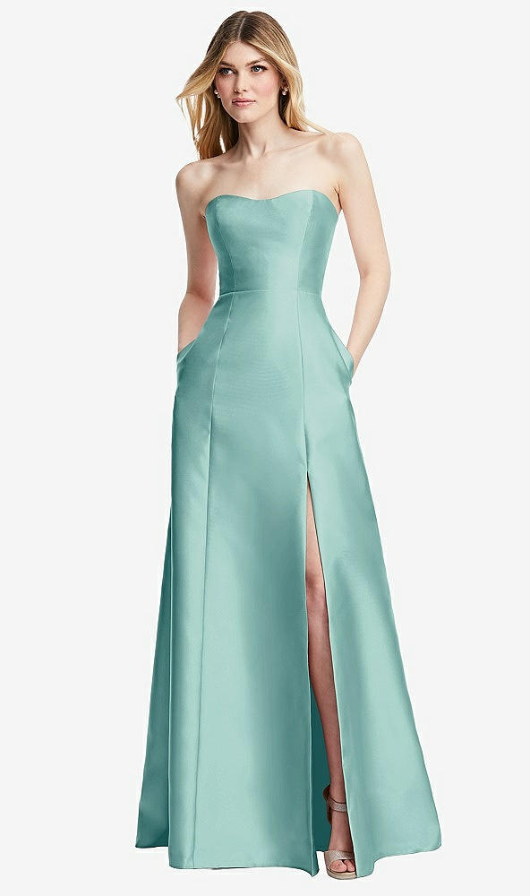 Back View - Coastal Strapless A-line Satin Gown with Modern Bow Detail