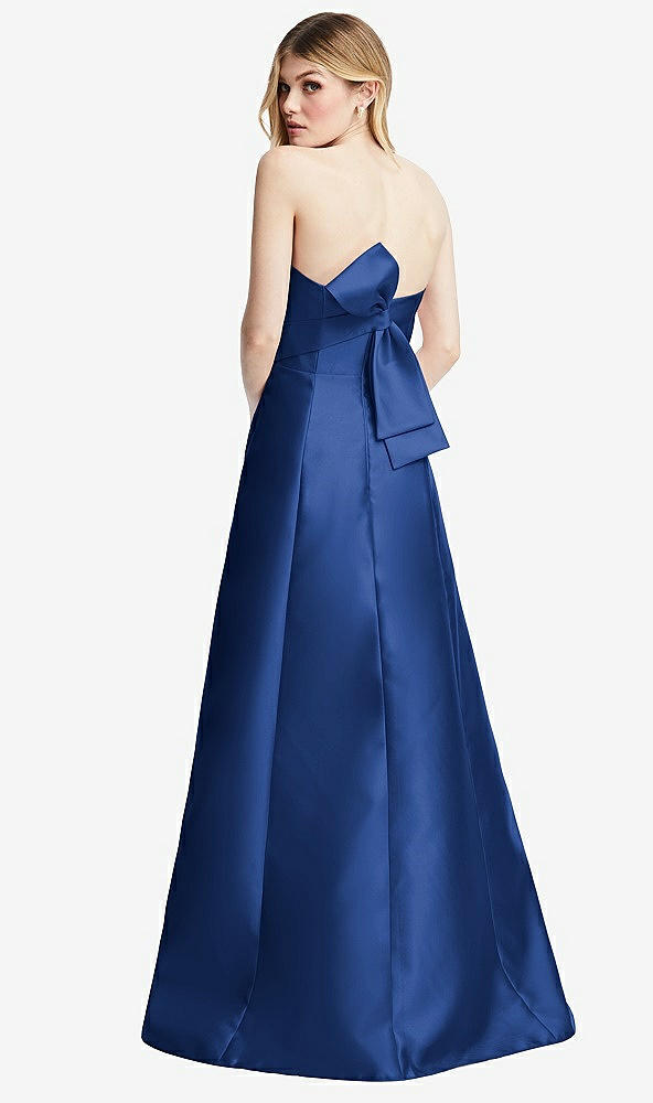 Front View - Classic Blue Strapless A-line Satin Gown with Modern Bow Detail