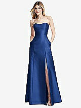 Rear View Thumbnail - Classic Blue Strapless A-line Satin Gown with Modern Bow Detail
