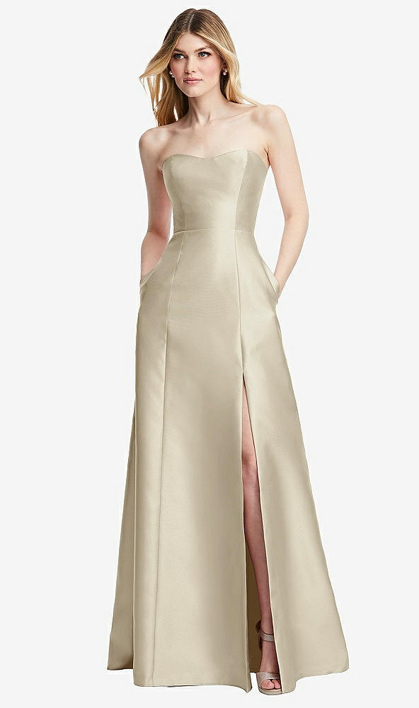 Back View - Champagne Strapless A-line Satin Gown with Modern Bow Detail