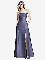 Rear View Thumbnail - French Blue Strapless A-line Satin Gown with Modern Bow Detail
