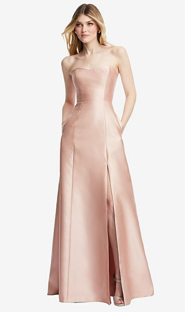 Back View - French Blue Strapless A-line Satin Gown with Modern Bow Detail