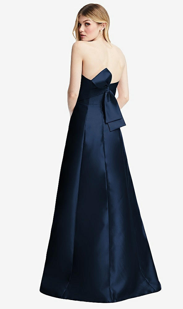 Front View - Midnight Navy Strapless A-line Satin Gown with Modern Bow Detail