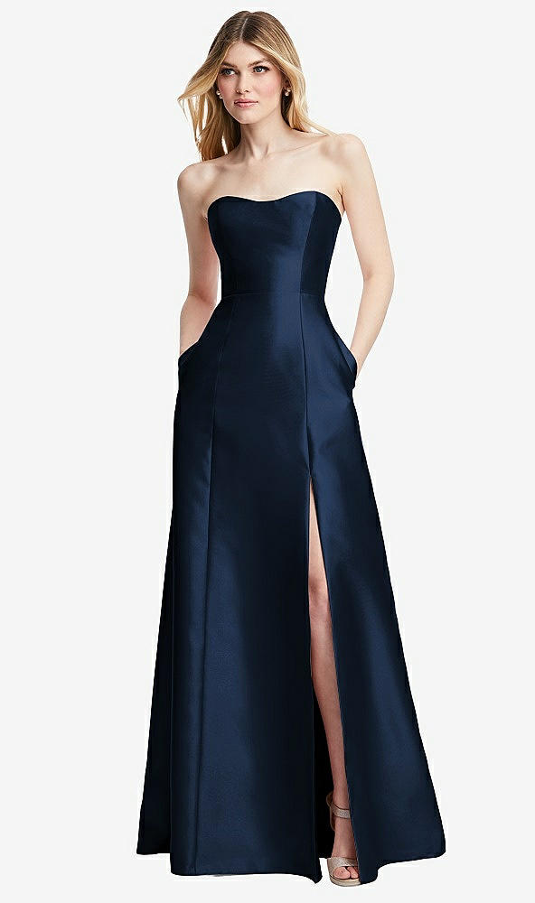 Back View - Midnight Navy Strapless A-line Satin Gown with Modern Bow Detail
