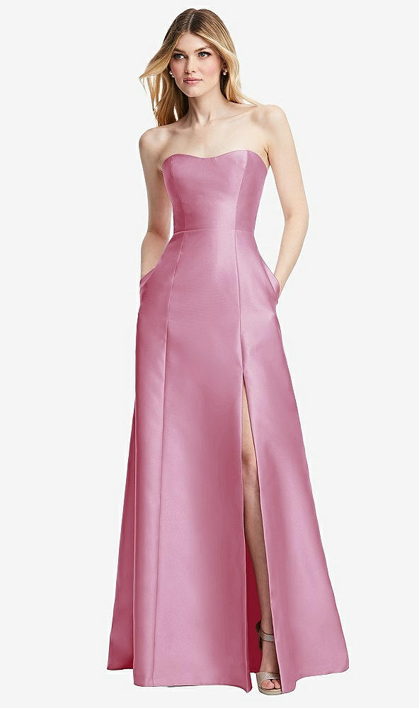 Back View - Powder Pink Strapless A-line Satin Gown with Modern Bow Detail