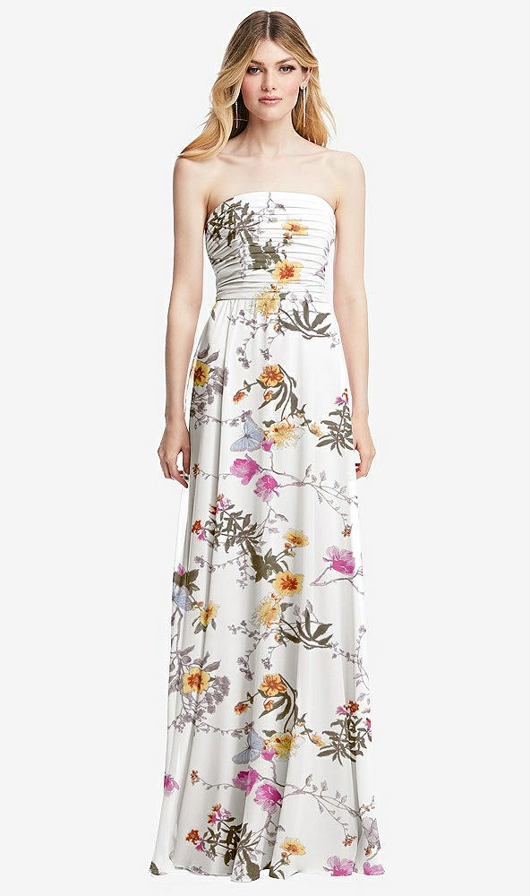 Front View - Butterfly Botanica Ivory Shirred Bodice Strapless Chiffon Maxi Dress with Optional Straps