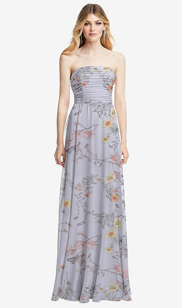 Front View - Butterfly Botanica Silver Dove Shirred Bodice Strapless Chiffon Maxi Dress with Optional Straps