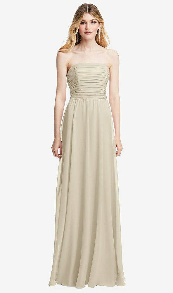 Front View - Champagne Shirred Bodice Strapless Chiffon Maxi Dress with Optional Straps