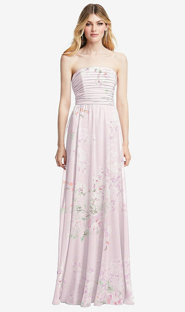 Front View - Watercolor Print Shirred Bodice Strapless Chiffon Maxi Dress with Optional Straps