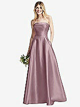 Alt View 1 Thumbnail - Dusty Rose Strapless Bias Cuff Bodice Satin Gown with Pockets