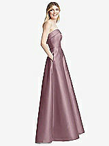 Side View Thumbnail - Dusty Rose Strapless Bias Cuff Bodice Satin Gown with Pockets