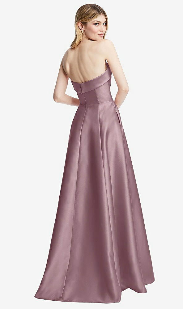 Back View - Dusty Rose Strapless Bias Cuff Bodice Satin Gown with Pockets