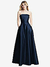 Front View Thumbnail - Midnight Navy Strapless Bias Cuff Bodice Satin Gown with Pockets