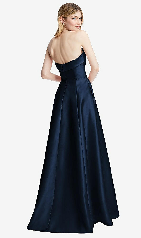 Back View - Midnight Navy Strapless Bias Cuff Bodice Satin Gown with Pockets