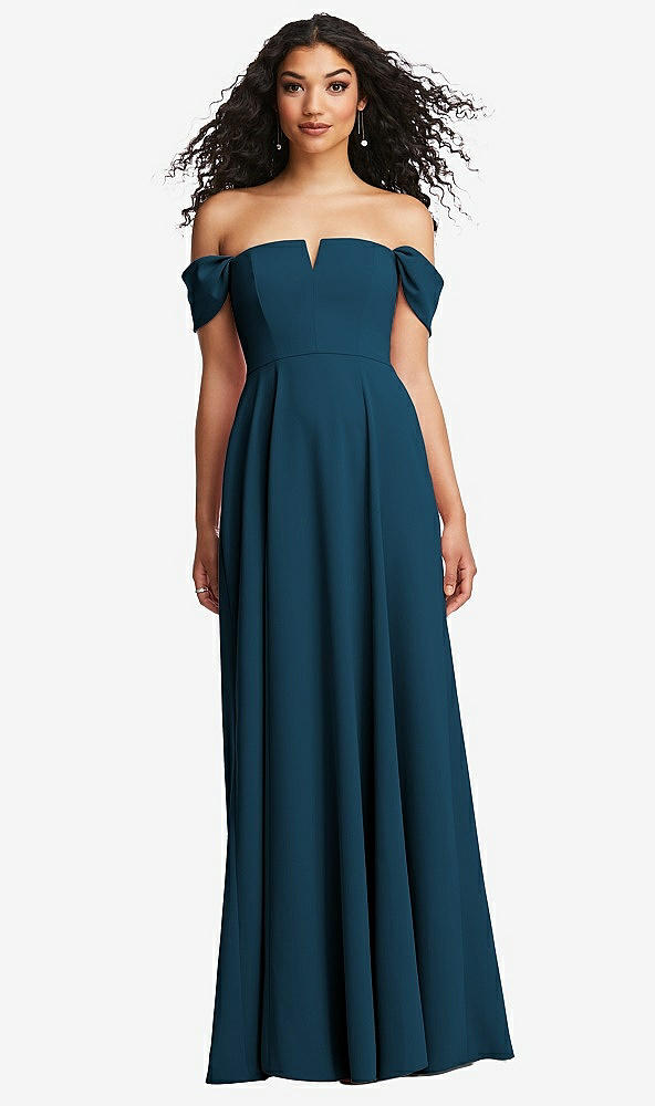 Front View - Atlantic Blue Off-the-Shoulder Pleated Cap Sleeve A-line Maxi Dress