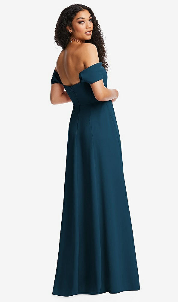 Back View - Atlantic Blue Off-the-Shoulder Pleated Cap Sleeve A-line Maxi Dress