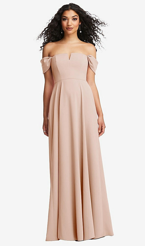 Front View - Cameo Off-the-Shoulder Pleated Cap Sleeve A-line Maxi Dress