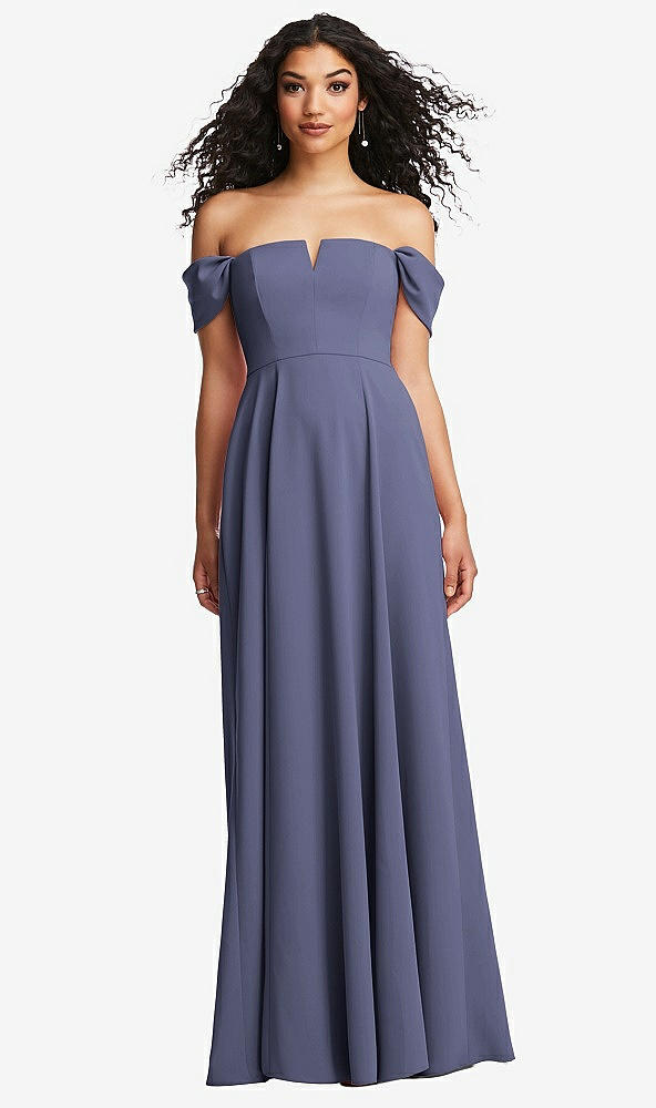 Front View - French Blue Off-the-Shoulder Pleated Cap Sleeve A-line Maxi Dress