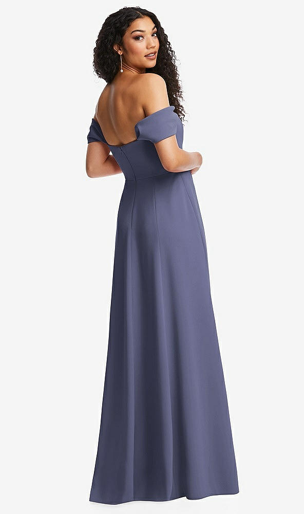 Back View - French Blue Off-the-Shoulder Pleated Cap Sleeve A-line Maxi Dress