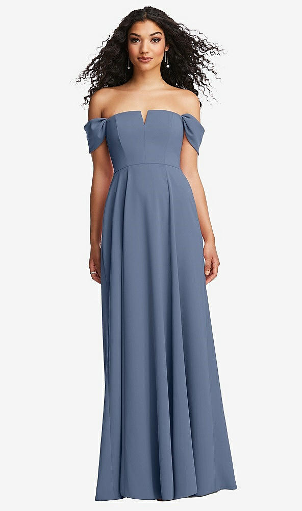 Front View - Larkspur Blue Off-the-Shoulder Pleated Cap Sleeve A-line Maxi Dress