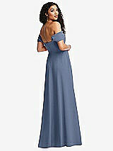 Rear View Thumbnail - Larkspur Blue Off-the-Shoulder Pleated Cap Sleeve A-line Maxi Dress
