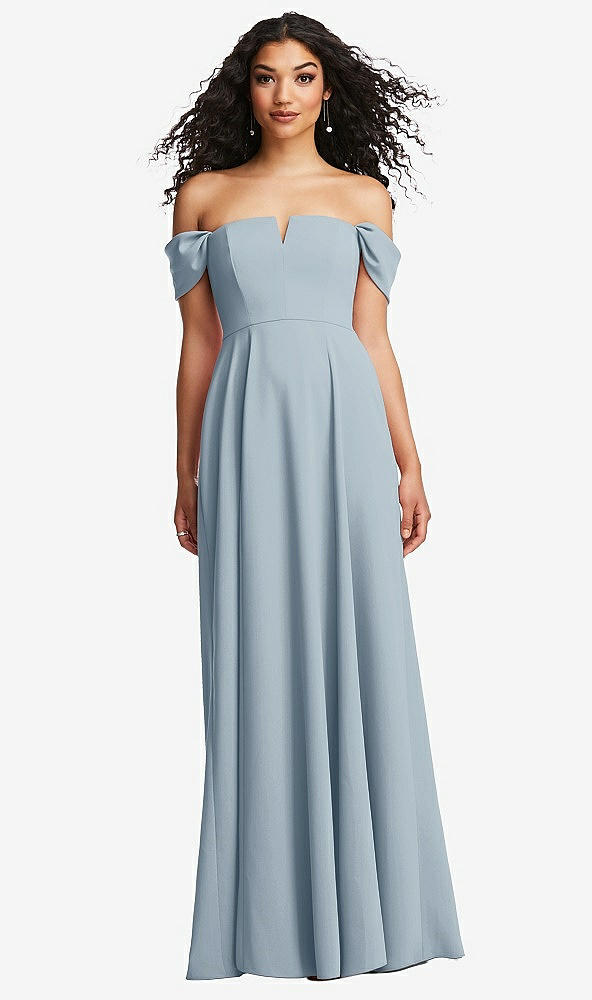 Front View - Mist Off-the-Shoulder Pleated Cap Sleeve A-line Maxi Dress