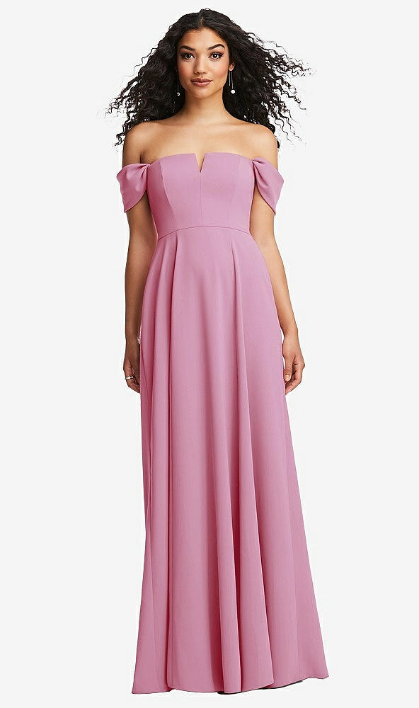 Front View - Powder Pink Off-the-Shoulder Pleated Cap Sleeve A-line Maxi Dress