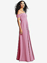 Side View Thumbnail - Powder Pink Off-the-Shoulder Pleated Cap Sleeve A-line Maxi Dress