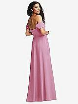 Rear View Thumbnail - Powder Pink Off-the-Shoulder Pleated Cap Sleeve A-line Maxi Dress