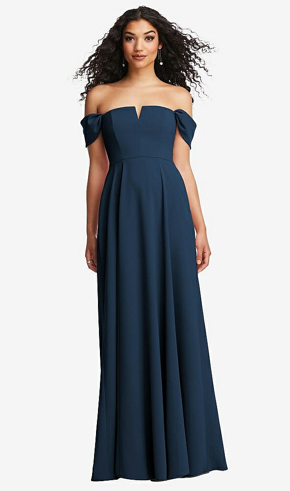 Front View - Sofia Blue Off-the-Shoulder Pleated Cap Sleeve A-line Maxi Dress