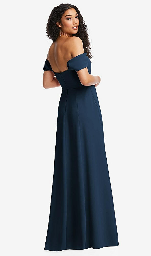Back View - Sofia Blue Off-the-Shoulder Pleated Cap Sleeve A-line Maxi Dress