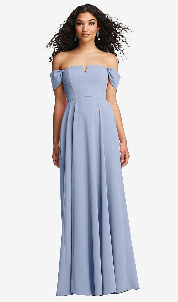 Front View - Sky Blue Off-the-Shoulder Pleated Cap Sleeve A-line Maxi Dress