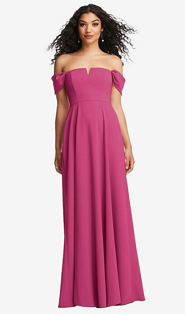 Front View - Tea Rose Off-the-Shoulder Pleated Cap Sleeve A-line Maxi Dress