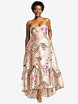 Alt View 1 Thumbnail - Butterfly Botanica Pink Sand Strapless Floral High-Low Ruffle Hem Maxi Dress with Pockets
