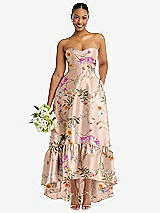 Front View Thumbnail - Butterfly Botanica Pink Sand Strapless Floral High-Low Ruffle Hem Maxi Dress with Pockets