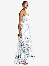 Side View Thumbnail - Cottage Rose Larkspur Strapless Floral High-Low Ruffle Hem Maxi Dress with Pockets
