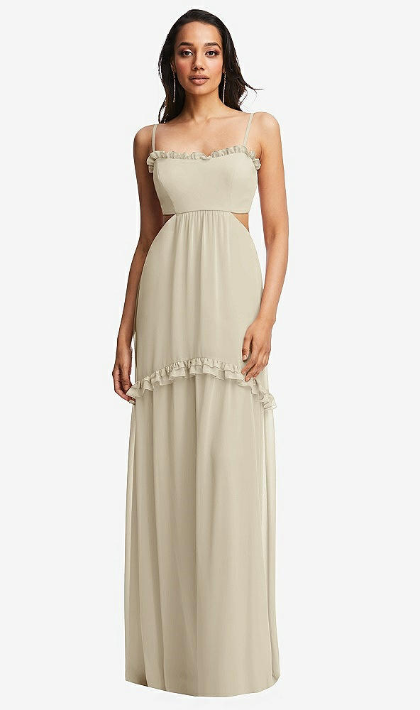 Front View - Champagne Ruffle-Trimmed Cutout Tie-Back Maxi Dress with Tiered Skirt