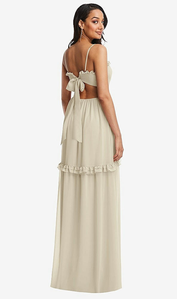 Back View - Champagne Ruffle-Trimmed Cutout Tie-Back Maxi Dress with Tiered Skirt