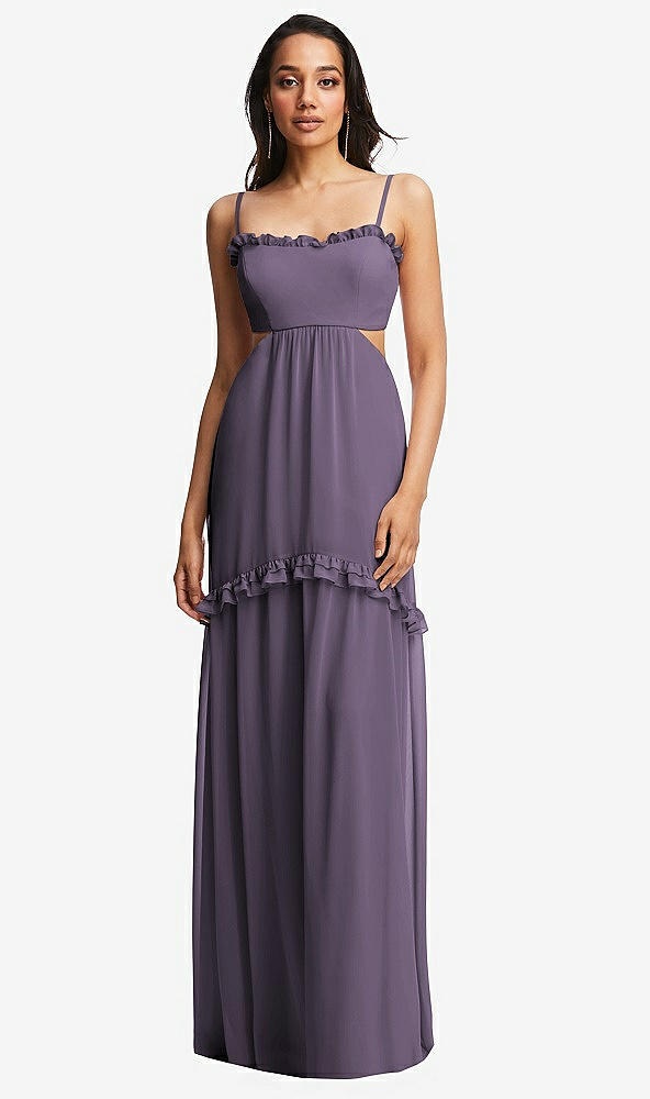 Front View - Lavender Ruffle-Trimmed Cutout Tie-Back Maxi Dress with Tiered Skirt