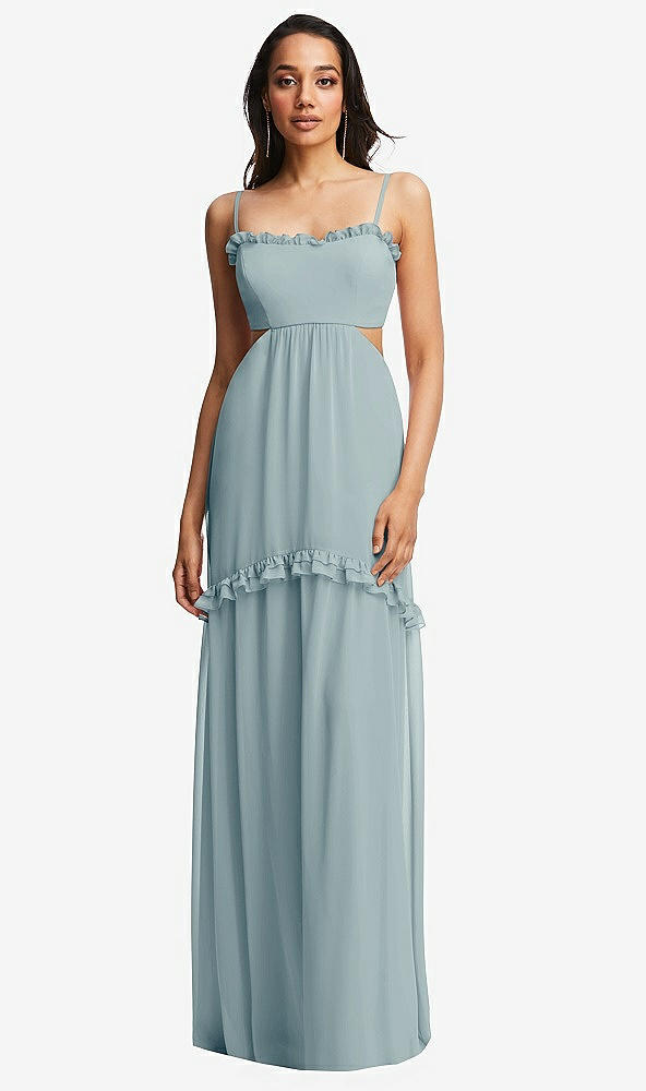 Front View - Morning Sky Ruffle-Trimmed Cutout Tie-Back Maxi Dress with Tiered Skirt