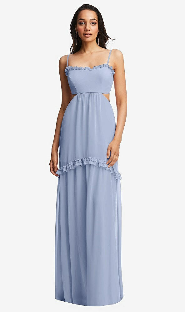 Front View - Sky Blue Ruffle-Trimmed Cutout Tie-Back Maxi Dress with Tiered Skirt