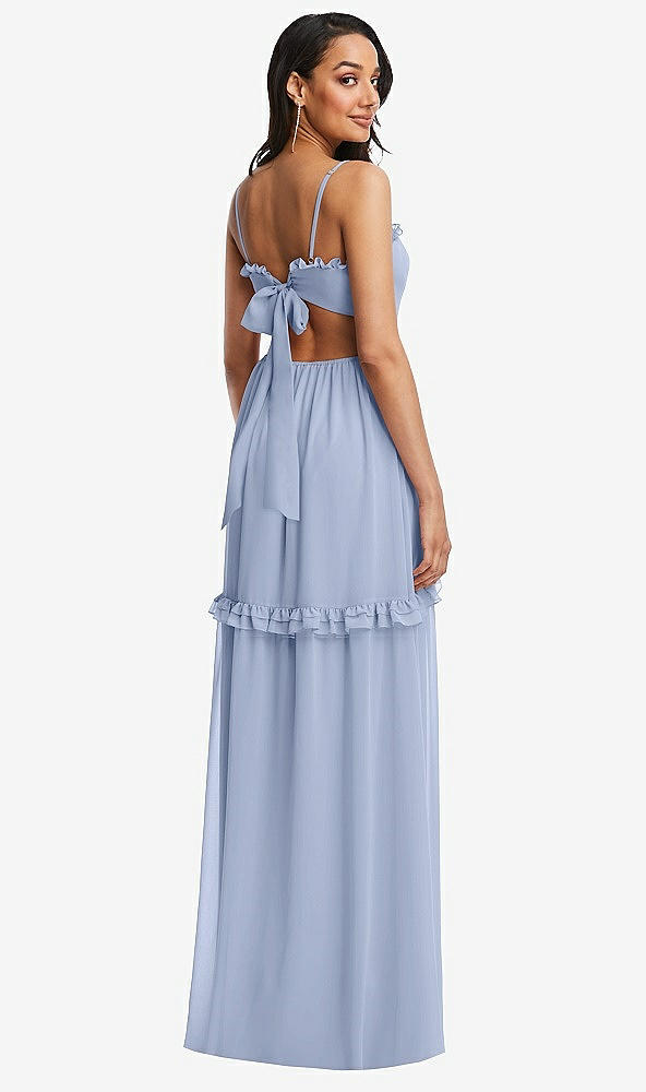 Back View - Sky Blue Ruffle-Trimmed Cutout Tie-Back Maxi Dress with Tiered Skirt