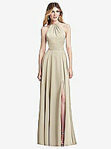 Front View Thumbnail - Champagne Halter Cross-Strap Gathered Tie-Back Cutout Maxi Dress