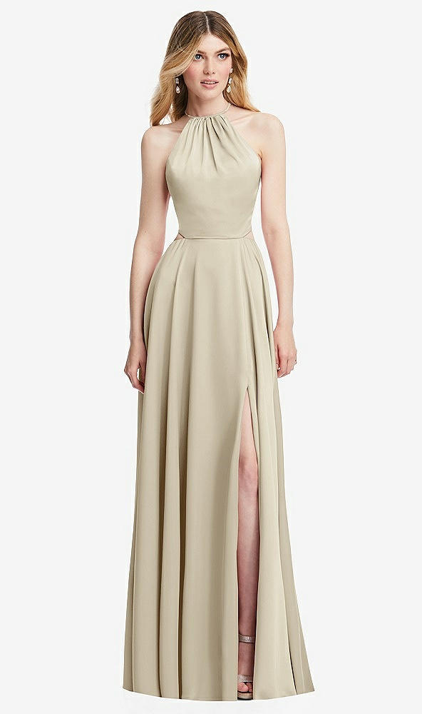Front View - Champagne Halter Cross-Strap Gathered Tie-Back Cutout Maxi Dress